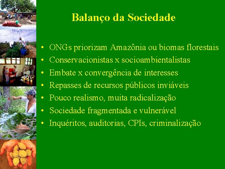 Balanço da Sociedade • • ONGs priorizam Amazônia ou biomas florestais Conservacionistas x socioambientalistas