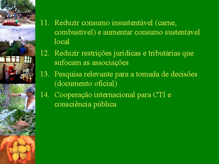 11. Reduzir consumo insustentável (carne, combustível) e aumentar consumo sustentável local 12. Reduzir restrições