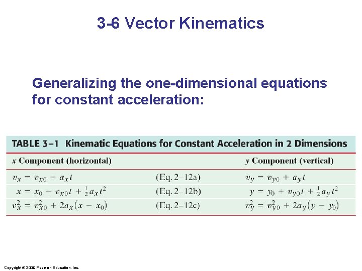 3 -6 Vector Kinematics Generalizing the one-dimensional equations for constant acceleration: Copyright © 2009