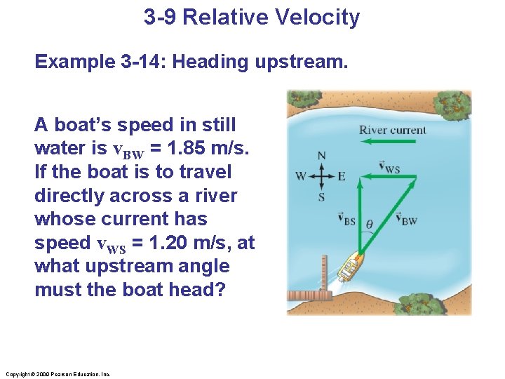 3 -9 Relative Velocity Example 3 -14: Heading upstream. A boat’s speed in still