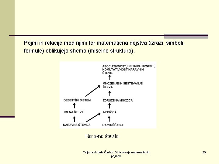 Pojmi in relacije med njimi ter matematična dejstva (izrazi, simboli, formule) oblikujejo shemo (miselno