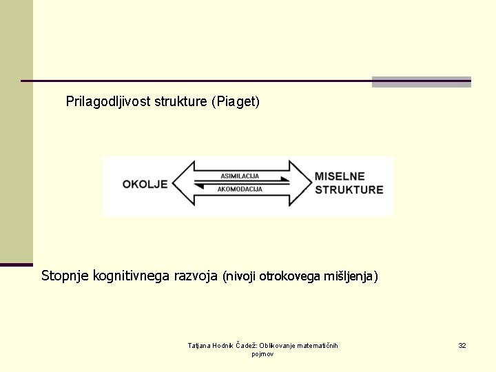  Prilagodljivost strukture (Piaget) Stopnje kognitivnega razvoja (nivoji otrokovega mišljenja) Tatjana Hodnik Čadež: Oblikovanje