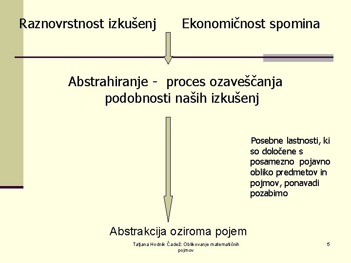 Raznovrstnost izkušenj Ekonomičnost spomina Abstrahiranje - proces ozaveščanja podobnosti naših izkušenj Posebne lastnosti, ki