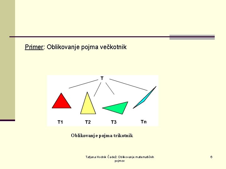 Primer: Oblikovanje pojma večkotnik Oblikovanje pojma trikotnik Tatjana Hodnik Čadež: Oblikovanje matematičnih pojmov 6