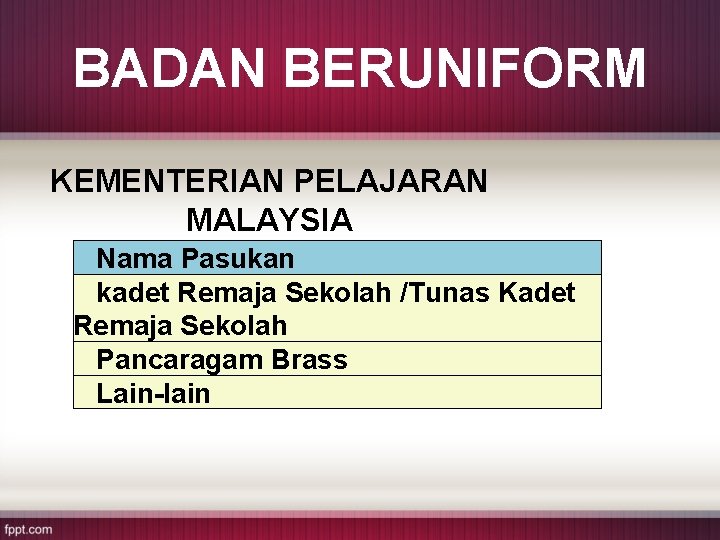 BADAN BERUNIFORM KEMENTERIAN PELAJARAN MALAYSIA Nama Pasukan kadet Remaja Sekolah /Tunas Kadet Remaja Sekolah