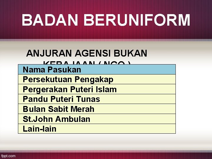 BADAN BERUNIFORM ANJURAN AGENSI BUKAN KERAJAAN ( NGO ) Nama Pasukan Persekutuan Pengakap Pergerakan