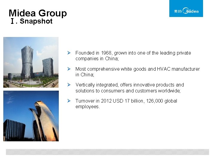 Midea Group Ⅰ. Snapshot Ø Founded in 1968, grown into one of the leading