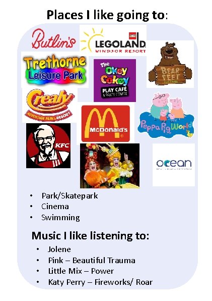 Places I like going to: • Park/Skatepark • Cinema • Swimming Music I like