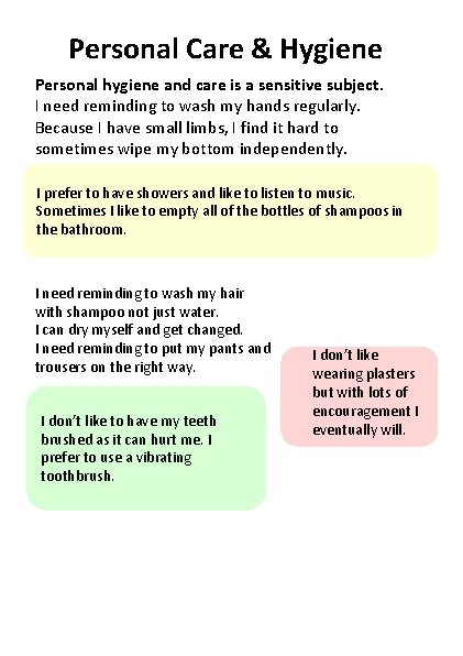 Personal Care & Hygiene Personal hygiene and care is a sensitive subject. I need