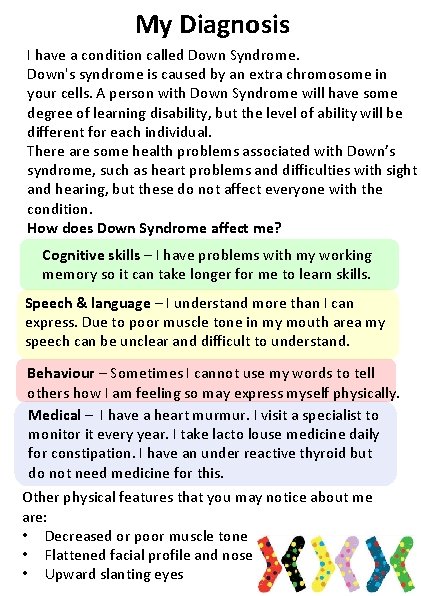 My Diagnosis I have a condition called Down Syndrome. Down's syndrome is caused by