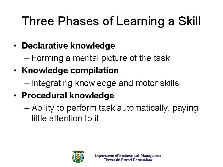 Three Phases of Learning a Skill • Declarative knowledge – Forming a mental picture