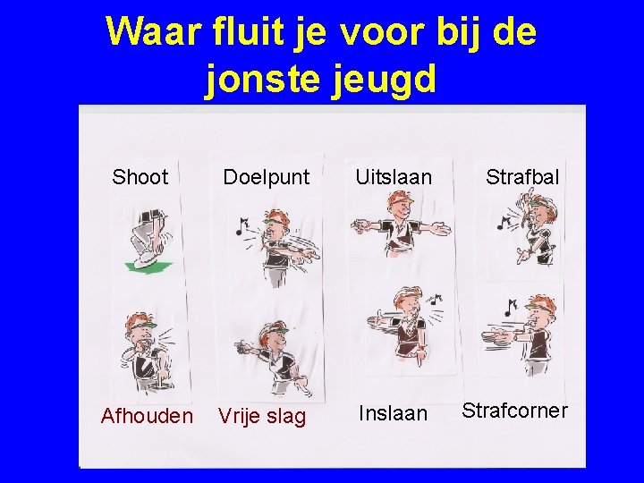 Waar fluit je voor bij de jonste jeugd Shoot Afhouden Doelpunt Uitslaan Vrije slag