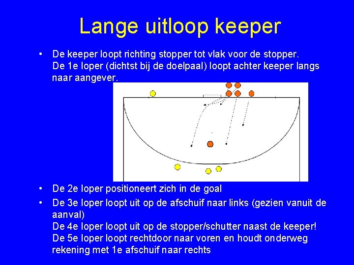 Lange uitloop keeper • De keeper loopt richting stopper tot vlak voor de stopper.
