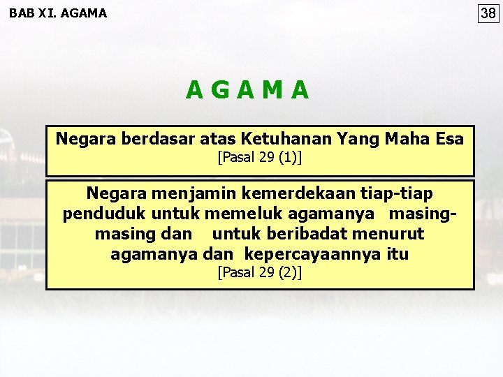 BAB XI. AGAMA 38 AGAMA Negara berdasar atas Ketuhanan Yang Maha Esa [Pasal 29