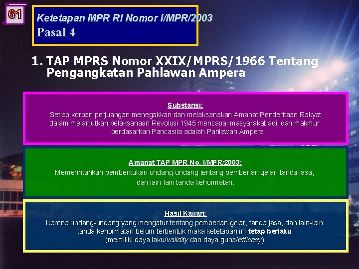 Ketetapan MPR RI Nomor I/MPR/2003 Pasal 4 1. TAP MPRS Nomor XXIX/MPRS/1966 Tentang Pengangkatan