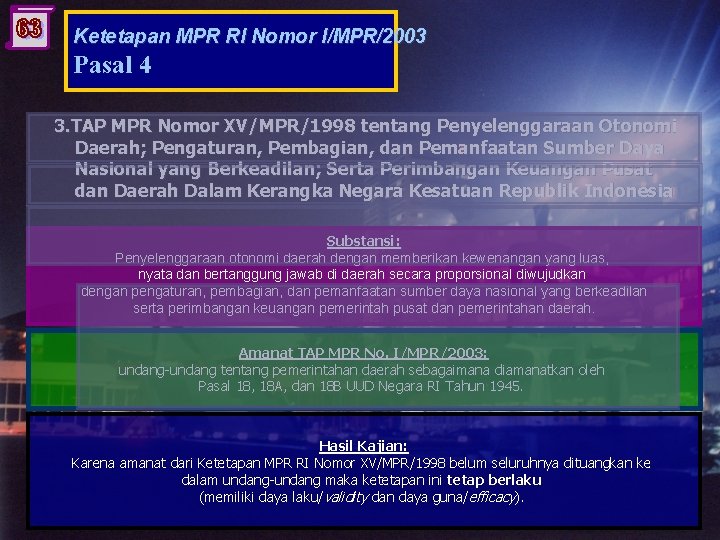 Ketetapan MPR RI Nomor I/MPR/2003 Pasal 4 3. TAP MPR Nomor XV/MPR/1998 tentang Penyelenggaraan