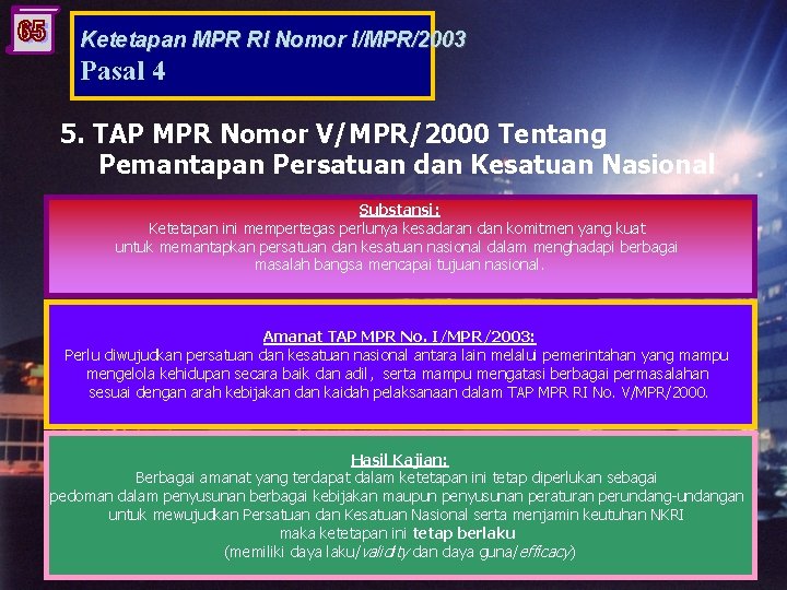 Ketetapan MPR RI Nomor I/MPR/2003 Pasal 4 5. TAP MPR Nomor V/MPR/2000 Tentang Pemantapan