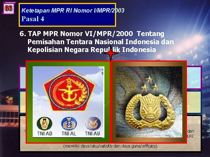 Ketetapan MPR RI Nomor I/MPR/2003 Pasal 4 6. TAP MPR Nomor VI/MPR/2000 Tentang Pemisahan