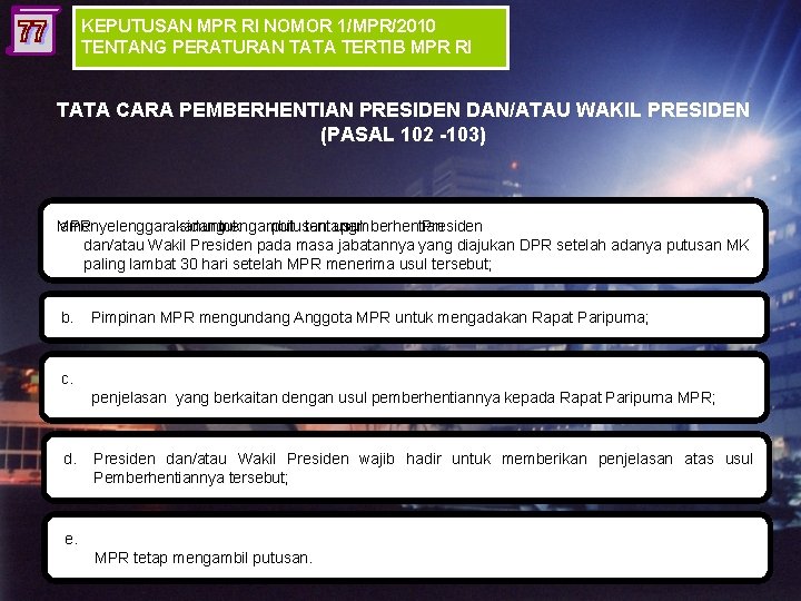 KEPUTUSAN MPR RI NOMOR 1/MPR/2010 TENTANG PERATURAN TATA TERTIB MPR RI TATA CARA PEMBERHENTIAN