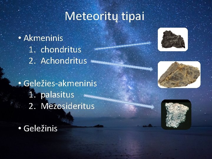 Meteoritų tipai • Akmeninis 1. chondritus 2. Achondritus • Geležies-akmeninis 1. palasitus 2. Mezosideritus