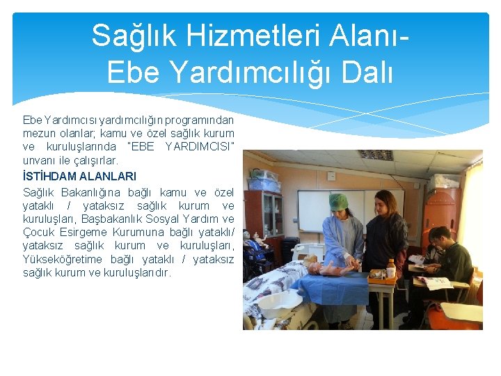 Sağlık Hizmetleri Alanı- Ebe Yardımcılığı Dalı Ebe Yardımcısı yardımcılığın programından mezun olanlar; kamu ve