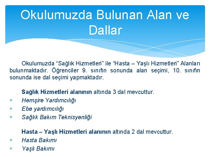 Okulumuzda Bulunan Alan ve Dallar Okulumuzda “Sağlık Hizmetleri” ile “Hasta – Yaşlı Hizmetleri” Alanları