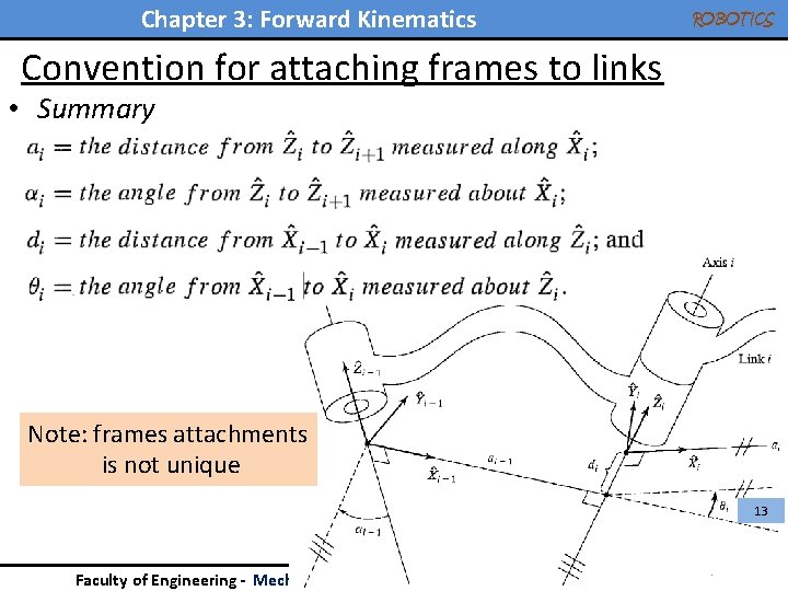 Chapter 3: Forward Kinematics ROBOTICS Convention for attaching frames to links • Summary Note: Chapter 3: Forward Kinematics ROBOTICS Convention for attaching frames to links • Summary Note: