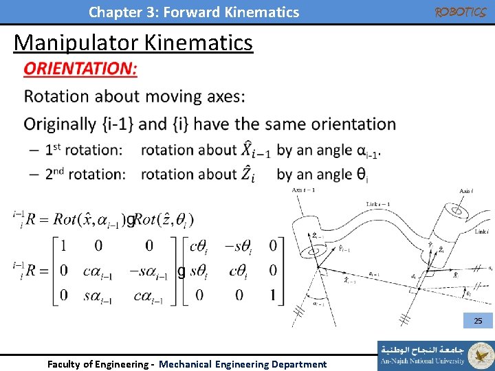 Chapter 3: Forward Kinematics ROBOTICS Manipulator Kinematics • 25 Faculty of Engineering - Mechanical