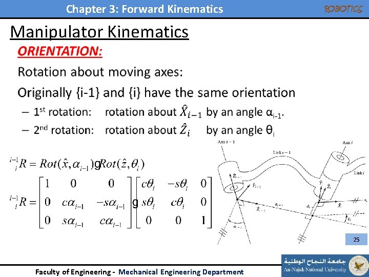 Chapter 3: Forward Kinematics ROBOTICS Manipulator Kinematics • 25 Faculty of Engineering - Mechanical Chapter 3: Forward Kinematics ROBOTICS Manipulator Kinematics • 25 Faculty of Engineering - Mechanical