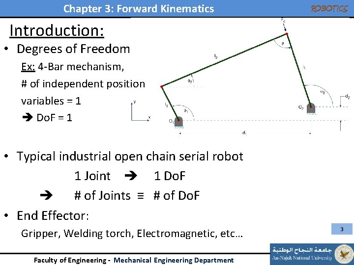 Chapter 3: Forward Kinematics ROBOTICS Introduction: • Degrees of Freedom Ex: 4 -Bar mechanism,