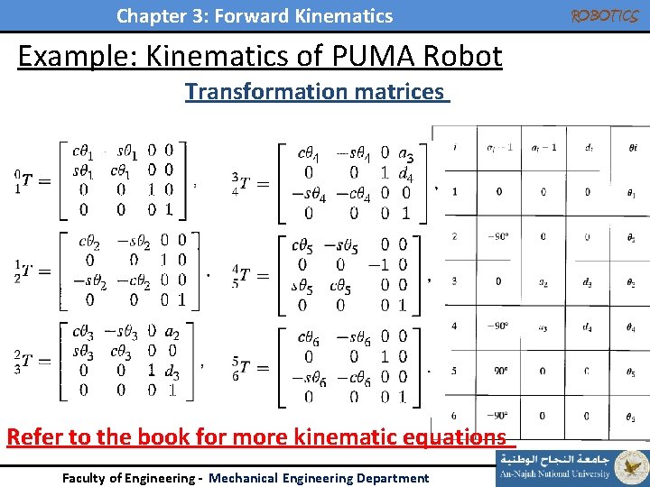 Chapter 3: Forward Kinematics ROBOTICS Example: Kinematics of PUMA Robot Transformation matrices Refer to Chapter 3: Forward Kinematics ROBOTICS Example: Kinematics of PUMA Robot Transformation matrices Refer to