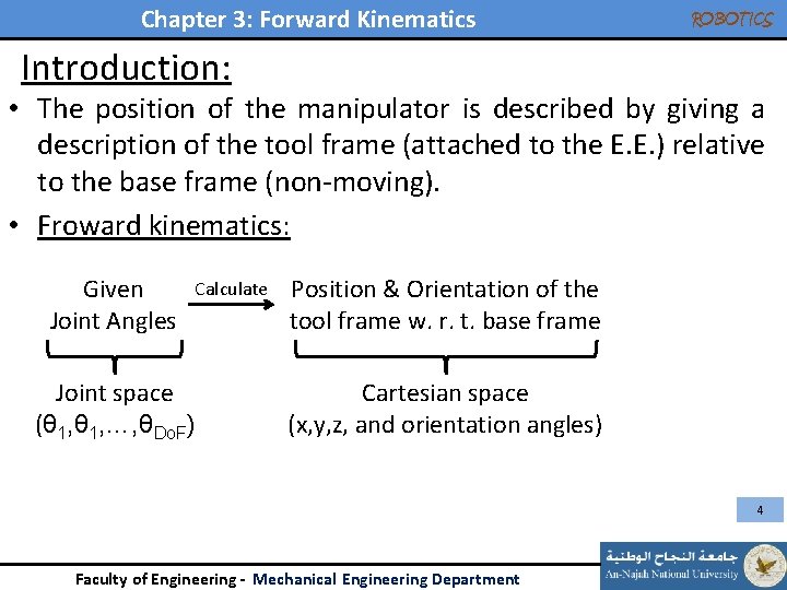 Chapter 3: Forward Kinematics ROBOTICS Introduction: • The position of the manipulator is described Chapter 3: Forward Kinematics ROBOTICS Introduction: • The position of the manipulator is described