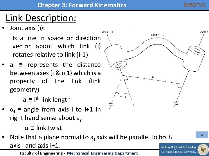 Chapter 3: Forward Kinematics ROBOTICS Link Description: • Joint axis (i): Is a line Chapter 3: Forward Kinematics ROBOTICS Link Description: • Joint axis (i): Is a line