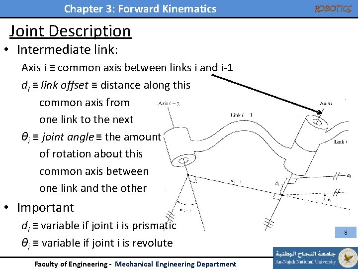 Chapter 3: Forward Kinematics ROBOTICS Joint Description • Intermediate link: Axis i ≡ common