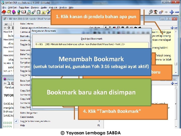 1. Klik kanan di jendela bahan apa pun Menambah Bookmark 2. Pilih ”Buat sebuah