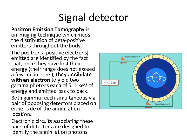 Signal detector Positron Emission Tomography is an imaging technique which maps the distribution of