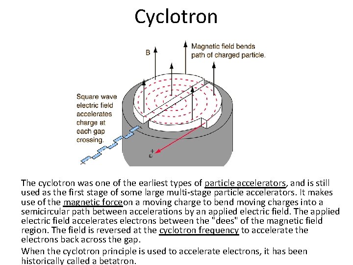 Cyclotron The cyclotron was one of the earliest types of particle accelerators, and is