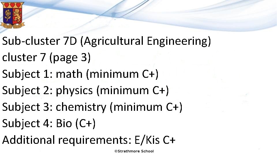 Sub-cluster 7 D (Agricultural Engineering) cluster 7 (page 3) Subject 1: math (minimum C+)