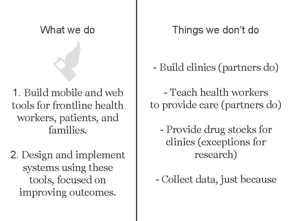 What we do Things we don’t do - Build clinics (partners do) 1. Build