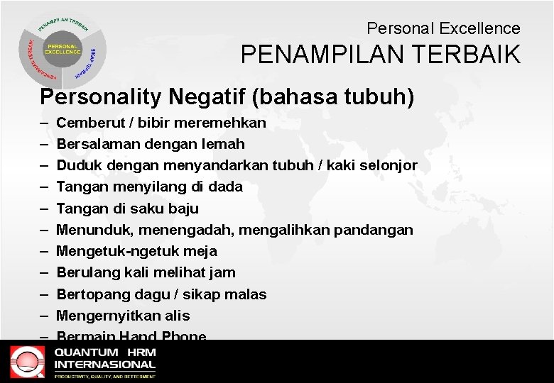 Personal Excellence PENAMPILAN TERBAIK Personality Negatif (bahasa tubuh) – – – Cemberut / bibir