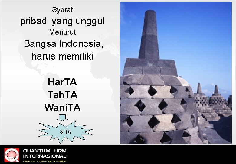 Syarat pribadi yang unggul Menurut Bangsa Indonesia, harus memiliki Har. TA Tah. TA Wani.