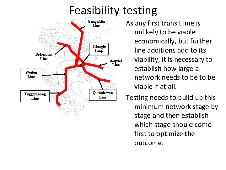 Feasibility testing Gungahlin Line Belconnen Line Triangle Loop Airport Line Woden Line Tuggeranong Line