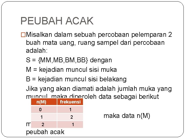 PEUBAH ACAK �Misalkan dalam sebuah percobaan pelemparan 2 buah mata uang, ruang sampel dari