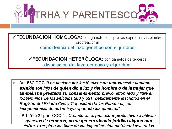 TRHA Y PARENTESCO üFECUNDACIÓN HOMÓLOGA: con gametos de quienes expresan su voluntad procreacional coincidencia