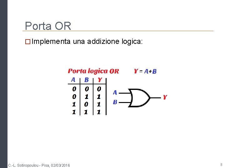 Porta OR � Implementa una addizione logica: C. -L. Sotiropoulou - Pisa, 02/03/2016 8