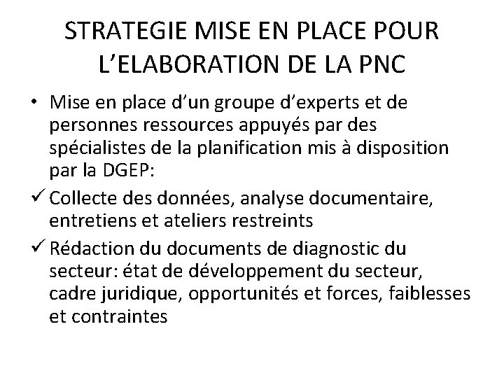 STRATEGIE MISE EN PLACE POUR L’ELABORATION DE LA PNC • Mise en place d’un