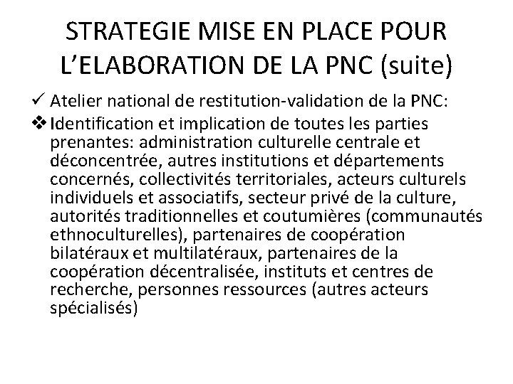 STRATEGIE MISE EN PLACE POUR L’ELABORATION DE LA PNC (suite) ü Atelier national de