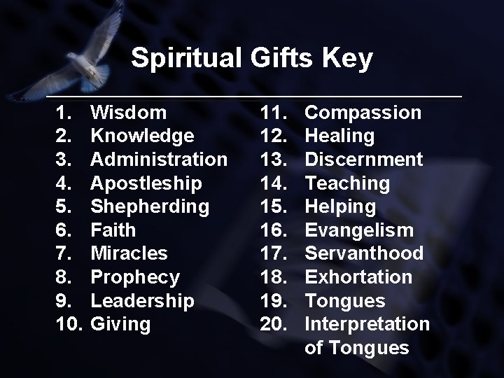 Spiritual Gifts Key 1. 2. 3. 4. 5. 6. 7. 8. 9. 10. Wisdom