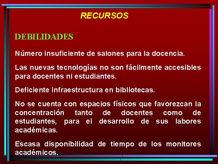 RECURSOS DEBILIDADES Número insuficiente de salones para la docencia. Las nuevas tecnologías no son