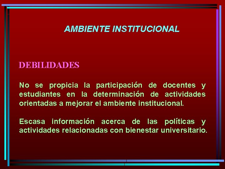 AMBIENTE INSTITUCIONAL DEBILIDADES No se propicia la participación de docentes y estudiantes en la